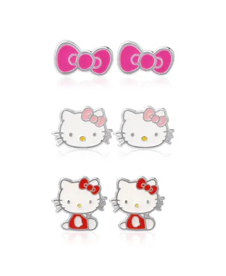 Hello Kitty Sanrio Silver Plated and Enamel Stud Earrings Set - 3 Pairs, Officially Licensed