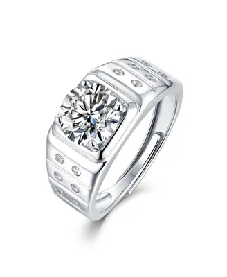 Sterling Silver White Gold Plated with 1.25ctw Lab Created Moissanite Solitaire & Bezel Sides Engagement Anniversary Adjustable Ring