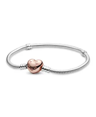 Pandora Moments Sterling Silver and 14K Rose Gold-Plated Heart Clasp Snake Chain Bracelet