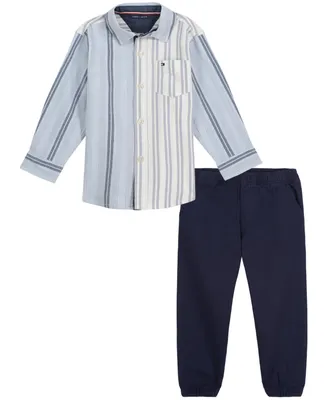 Tommy Hilfiger Baby Boys Oxford Stripe Long Sleeves Button-Up Shirt and Twill Jogger Pants, 2 Piece Set