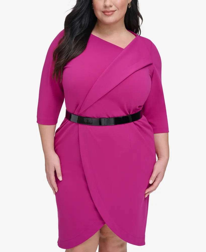 Calvin Klein Plus Size Belted 3/4-Sleeve Tulip-Hem Dress