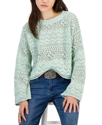 Hippie Rose Juniors' Pointelle-Knit Crewneck Sweater