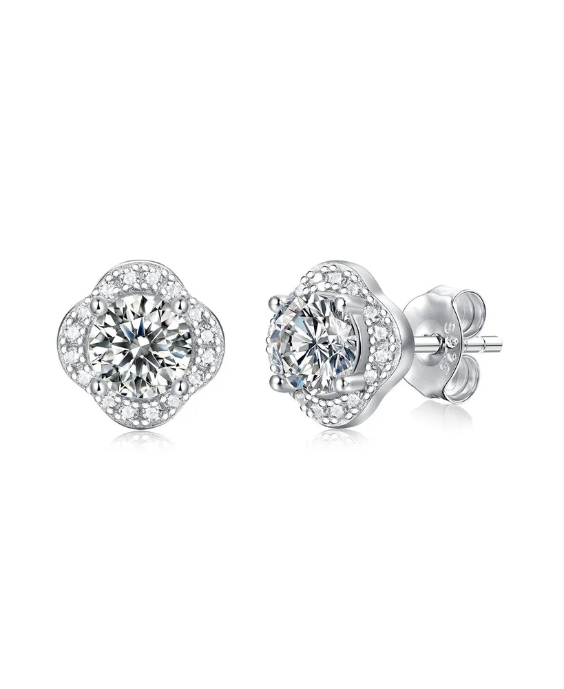 Sterling Silver White Gold Plated with 0.50ctw Lab Created Moissanite Round Halo Floral Cluster Stud Earrings