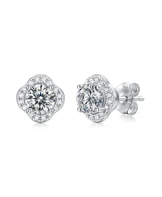 Sterling Silver White Gold Plated with 0.50ctw Lab Created Moissanite Round Halo Floral Cluster Stud Earrings