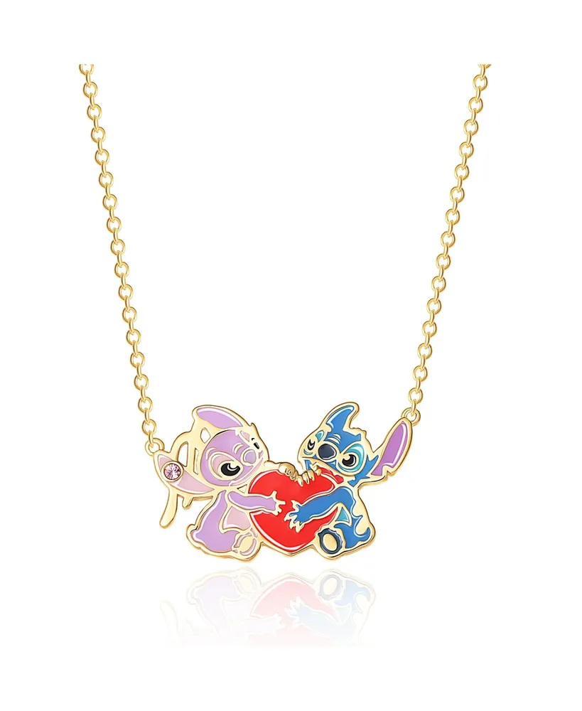 Disney Lilo and Stitch Yellow Gold Plated Stitch and Angel Enamel Heart Necklace - 18'' Chain, Officially Licensed
