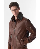 Furniq Uk Men's Detachable Shearling Collar Leather Jacket