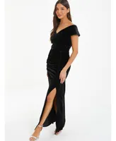 Quiz Women's Velvet Bardot Ruched Maxi Dress