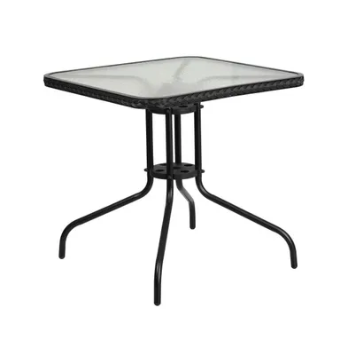 28" Square Tempered Glass Metal Table With Rattan Edging