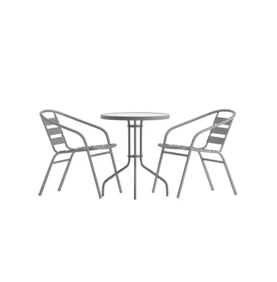 Rhea 23.75'' Round Glass Top Metal Table With 2 Aluminum Slat Stack Chairs