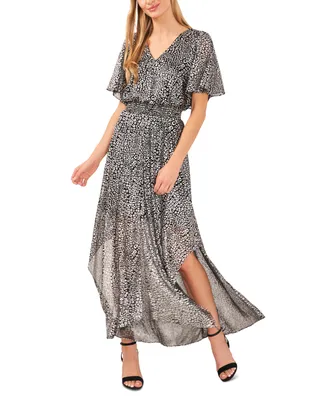 CeCe Women's Animal Print Smocked-Waist Flutter-Sleeve Maxi Dress