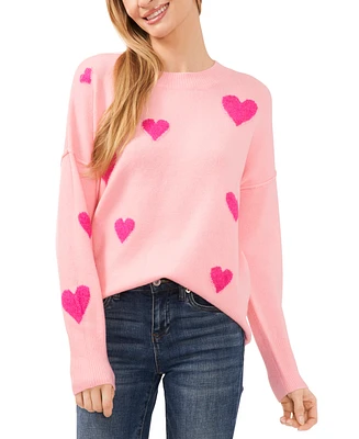 CeCe Women's Heart-Print Crewneck Long-Sleeve Sweater