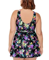 Island Escape Plus Magnolia Floral-Print Swim Dress, Created for Macy's