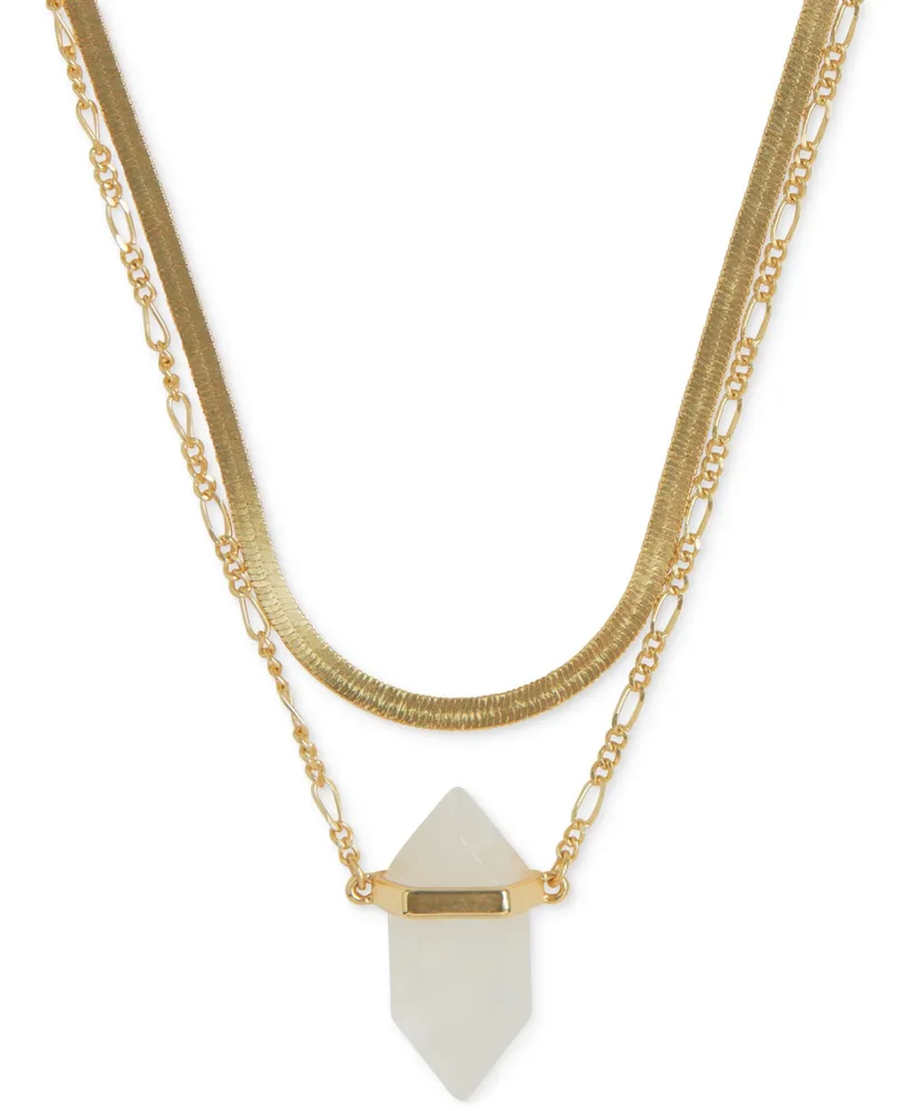 Lucky Brand Gold-Tone Crystal Pendant Herringbone & Chain Link Convertible Layered Necklace, 16" + 3" extender