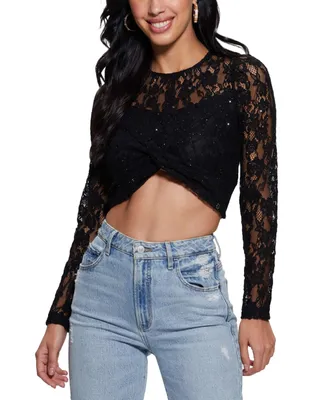 Guess Women's Ariel Lace Twist-Front Long-Sleeve Cropped Top