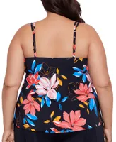 Swim Solutions Plus Floral-Print Pleated Tankini Top, Created for Macy's