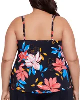 Swim Solutions Plus Size Floral-Print Pleated Tankini Top, Created for Macy's