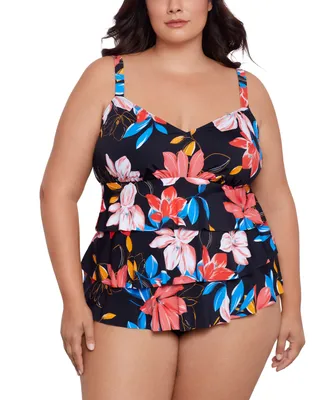 Swim Solutions Plus Tiered Floral-Print One Piece, Created for Macy's