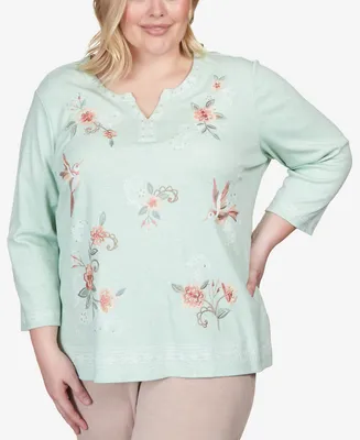 Alfred Dunner Plus Size St.Moritz Floral Hummingbird Embroidery Split Neck Top
