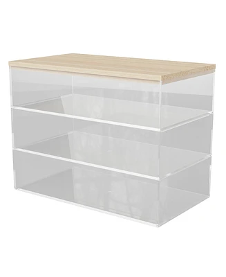 Martha Stewart Brody Plastic Storage Organizer Bins with Paulownia Wood Lid for Home Office or Kitchen, 3 Pack Medium, 3.75" x 3"