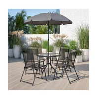 6 Piece Patio Garden Set With Table, Umbrella And 4 Folding Chairs