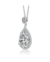 Sterling Silver White Gold Plated Clear Pear with Oval and Round Cubic Zirconia Accent Drop Necklace