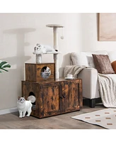 Costway 2-in-1 Wooden Litter Box Enclosure with Cat Tree Hidden Washroom Furniture
