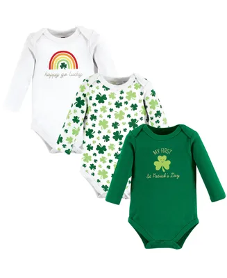 Hudson Baby Girls Cotton Long-Sleeve Bodysuits, St Patricks Rainbow, 3-Pack