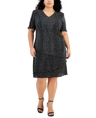 Connected Plus Size Pleated Dot-Print Tiered Dress