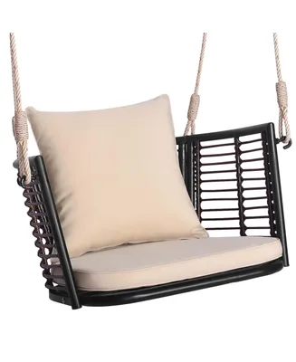 Patio Hanging Rattan Basket Chair Swing Hammock Chair with Seat Cushion