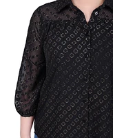 Ny Collection Petite 3/4 Sleeve Foiled Jacquard Chiffon Blouse