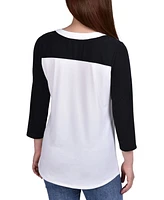 Ny Collection Petite 3/4 Sleeve Studded Colorblocked Split Neck Top