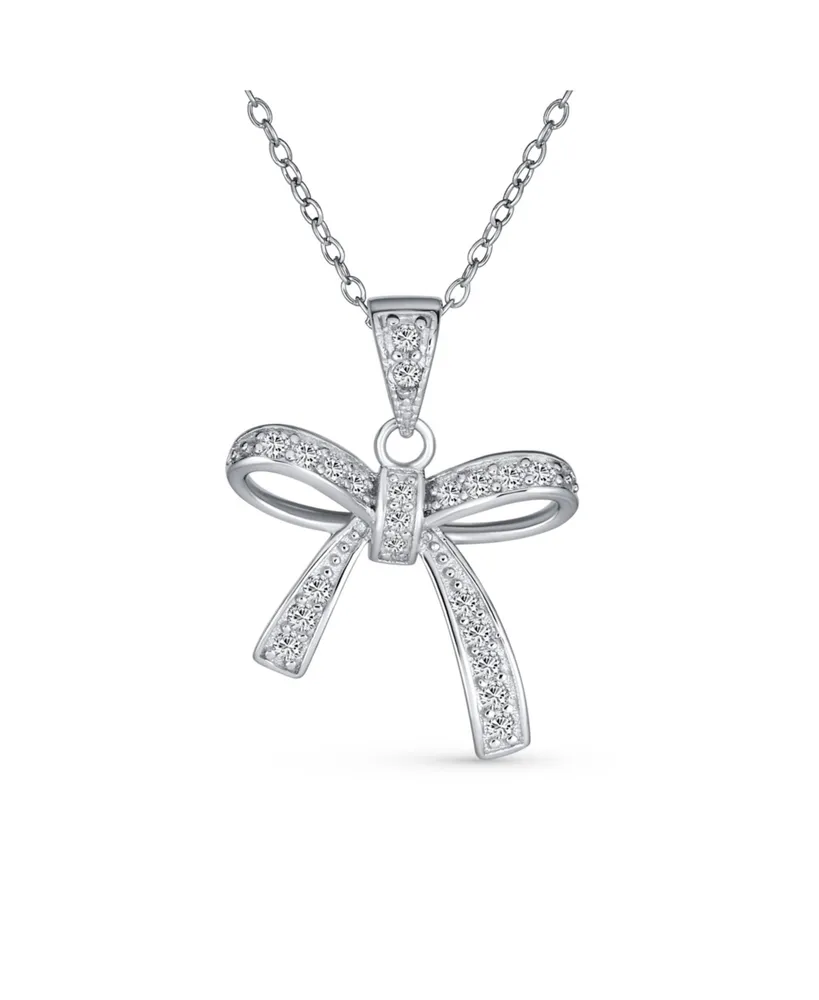 Bling Jewelry Dainty Clear Cubic Zirconia Pave Cz Station Holiday Present Ribbon Bow Pendant Necklace For Women For Sterling Silver