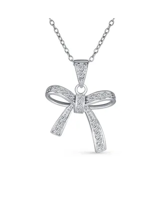 Bling Jewelry Dainty Romantic Bridal Wedding Clear Cubic Zirconia Pave Cz Station Holiday Present Ribbon Bow Pendant Necklace For Women For Teen Sterl