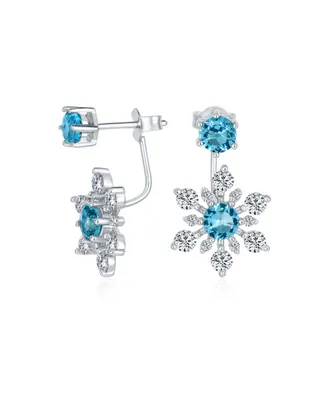 Holiday Party Winter Christmas Blue Cz 2 1 Ear Jackets Back Front Snowflake Stud Earrings .925 Sterling Silver