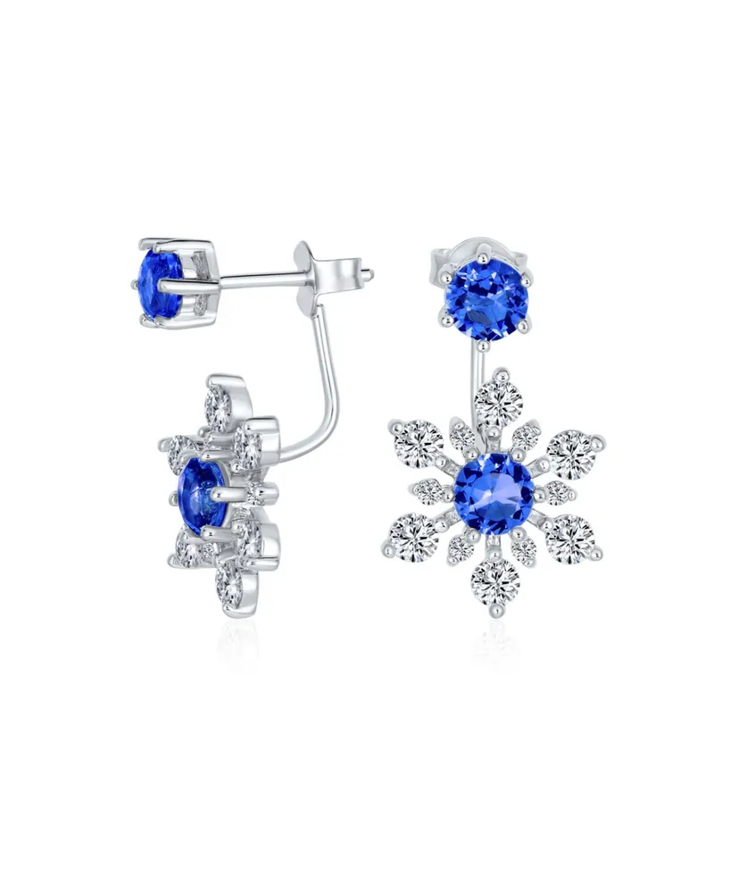 Bling Jewelry Holiday Party Winter Christmas Blue Cz 2 In 1 Ear Jackets Back Front Snowflake Stud Earrings Sterling Silver