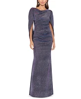 Betsy & Adam Glitter Drape-Back Cape Gown