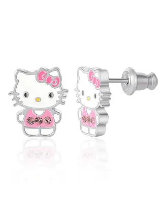 Hello Kitty Sanrio Silver Plated Light Pink Crystal Enamel Stud Earrings, Officially Licensed Authentic