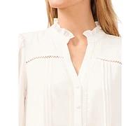 CeCe Women's Lace Trimmed Pintuck 3/4-Sleeve Button Front Blouse