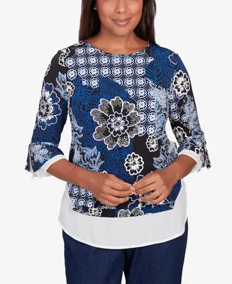 Alfred Dunner Petite Downtown Vibe Floral Flutter Sleeve Top with Woven Trim