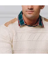 Hope & Henry Men's Organic Crew Neck Cable Sweater with Suede Detail