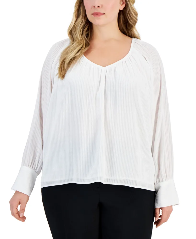 Calvin Klein Plus Pleat-Neck Wide-Cuff Blouse