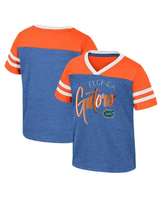 Girls Toddler Colosseum Royal Distressed Florida Gators Summer Foil V-Neck T-shirt