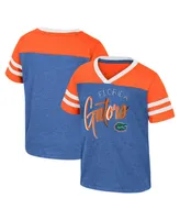 Girls Toddler Colosseum Royal Distressed Florida Gators Summer Foil V-Neck T-shirt