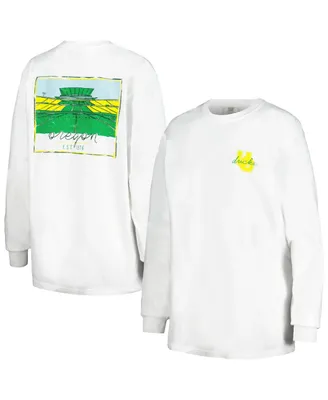 Women's White Distressed Oregon Ducks Hand-Drawn Stadium Comfort Colors Oversized Long Sleeve T-shirt