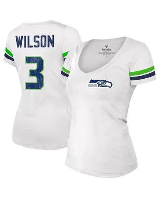 Women's Fanatics Russell Wilson White Distressed Seattle Seahawks Fashion Player Name and Number V-Neck T-shirt