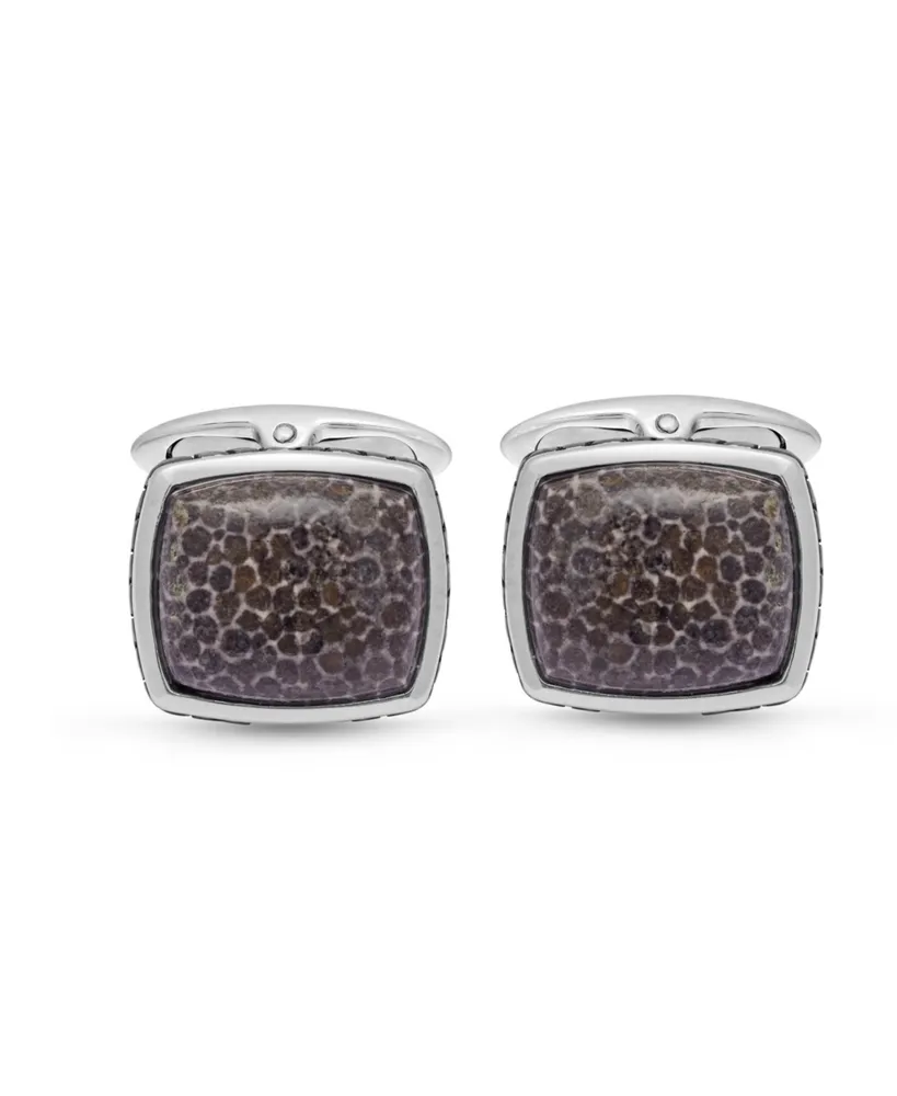 LuvMyJewelry Fossil Agate Gemstone Sterling Silver Black Rhodium Plated Men Cufflinks