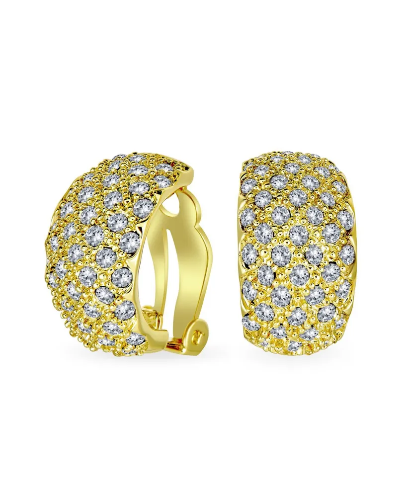 Bling Jewelry Fashion Bridal Pave Encrusted Crystal Wide Half Dome Clip On Earrings For Women Party Non Pierced Ears Yellow Gold Plated