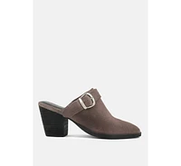 Tarrah Black Stacked Heel Mules with Adjustable Buckle