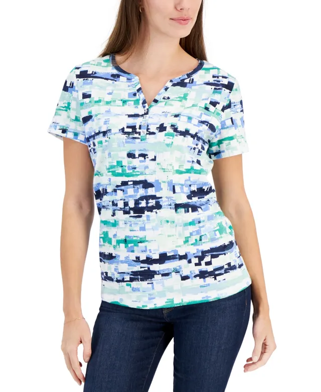 Karen Scott Women's Short-Sleeve Floral-Print Henley Top, Created