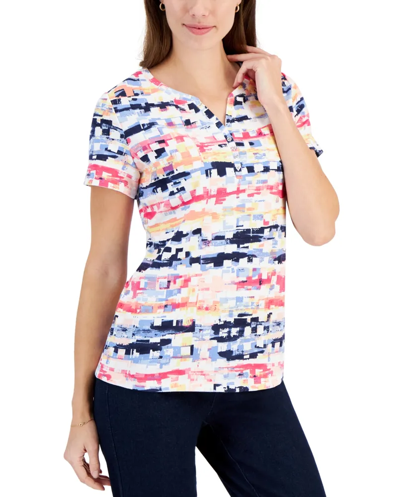 Karen Scott Women's Printed Short-Sleeve Henley Top, Created for Macy's